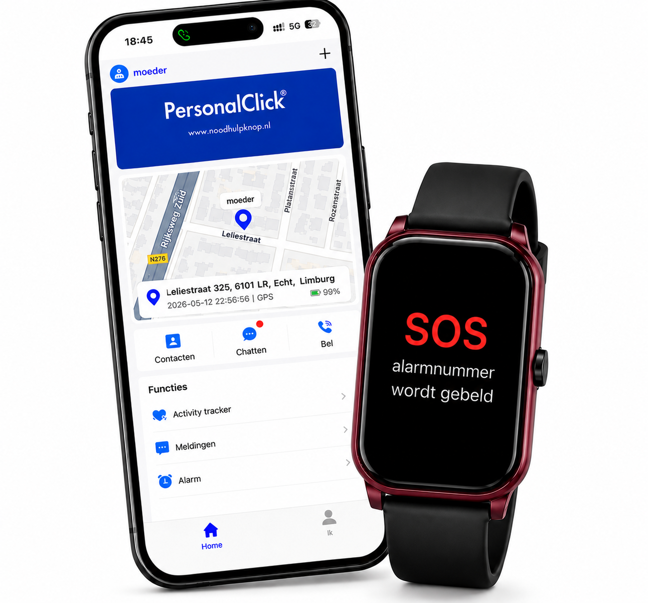 PersonalClick PC45 Smal - Alarm Horloge Ouderen - Valdetectie- Waterdicht- SOS Knop - Extra smal en lange accuduur - Rood