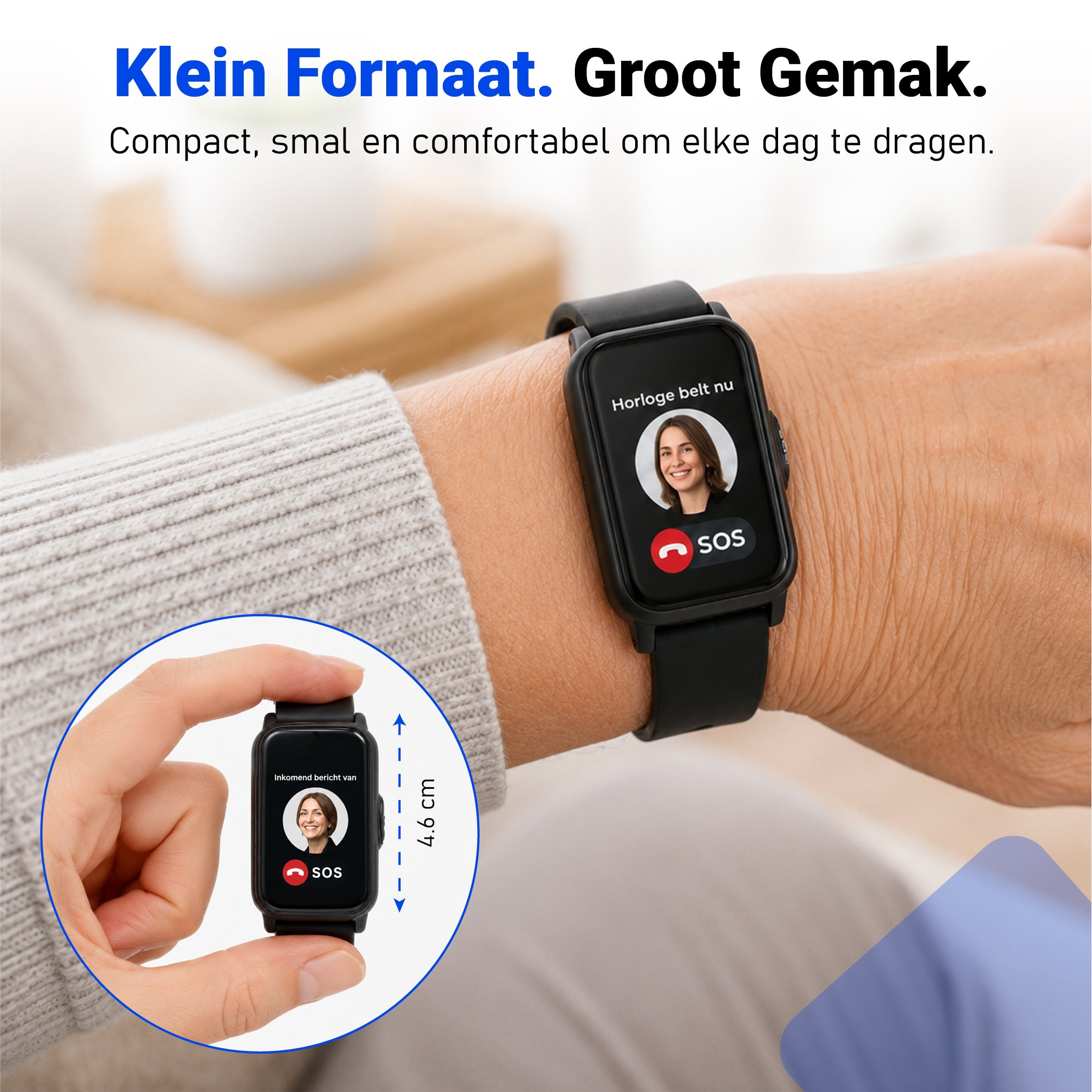 PersonalClick PC45 Smal - Alarm Horloge Ouderen - Valdetectie- Waterdicht- SOS Knop - Extra smal en lange accuduur - Zwart