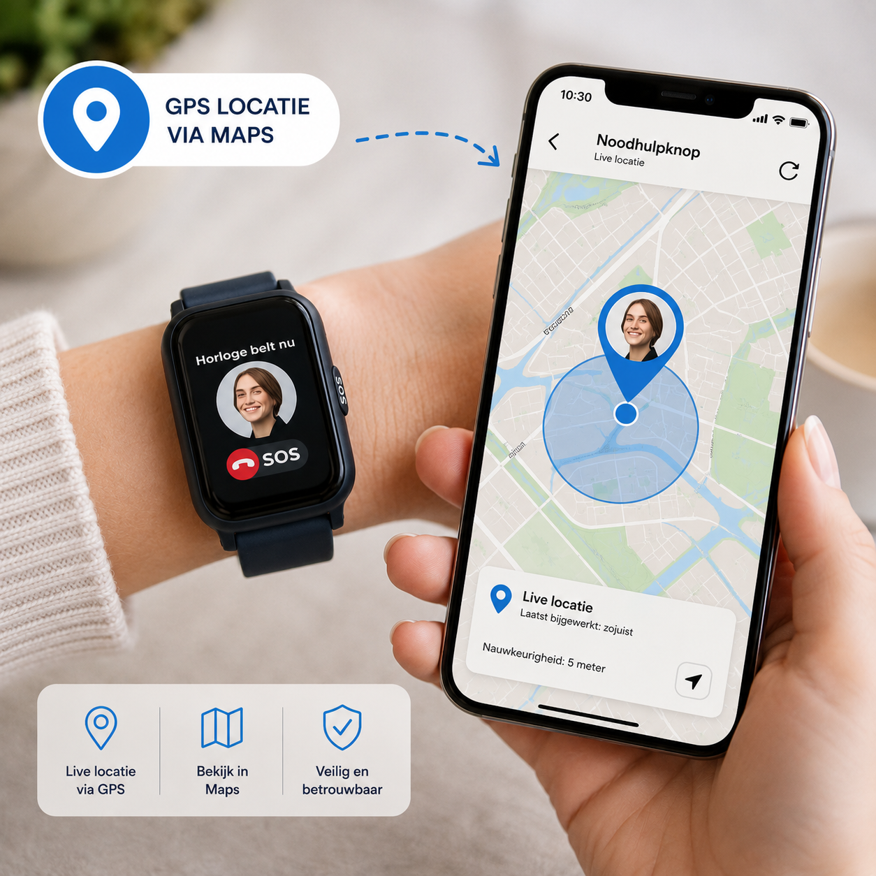 PersonalClick PC45 Smal - Alarm Horloge Ouderen - Valdetectie- Waterdicht- SOS Knop - Extra smal en lange accuduur - Wit