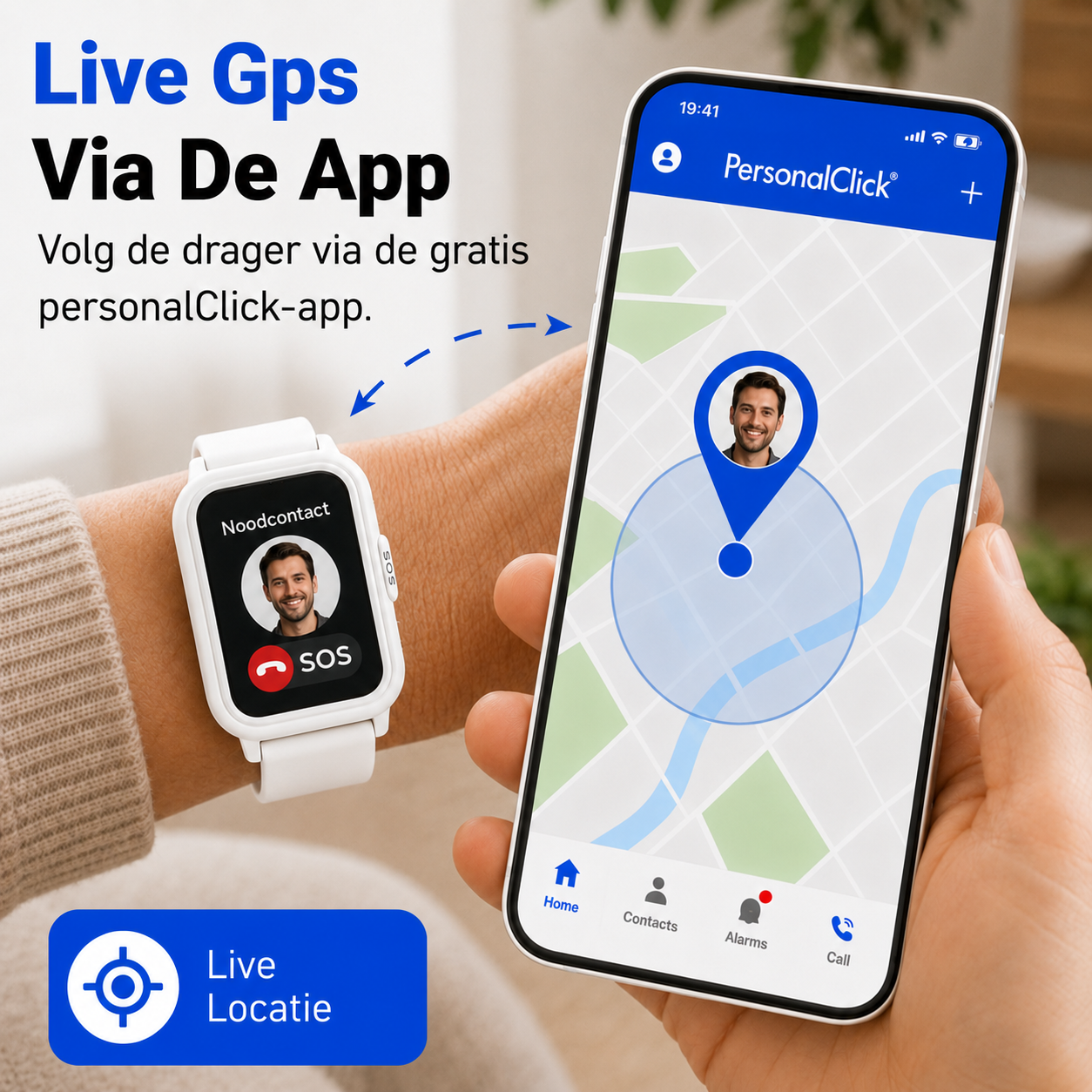 PersonalClick PC45 Smal - Alarm Horloge Ouderen - Valdetectie- Waterdicht- SOS Knop - Extra smal en lange accuduur - Wit
