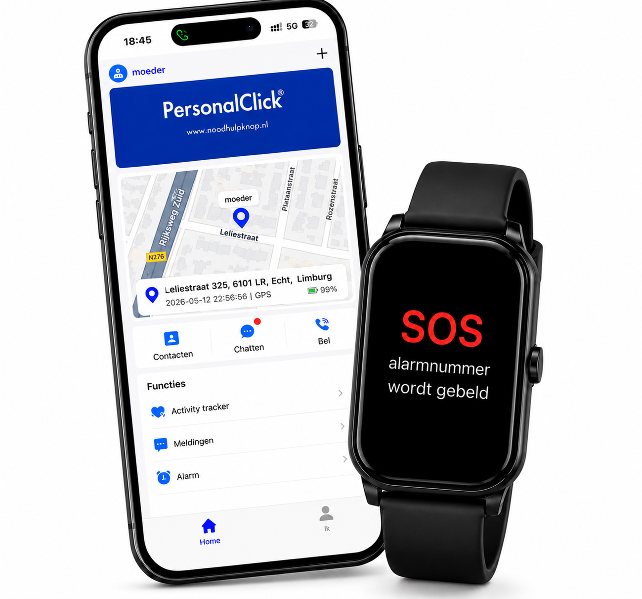PersonalClick PC45 Smal - Alarm Horloge Ouderen - Valdetectie- Waterdicht- SOS Knop - Extra smal en lange accuduur - Zwart
