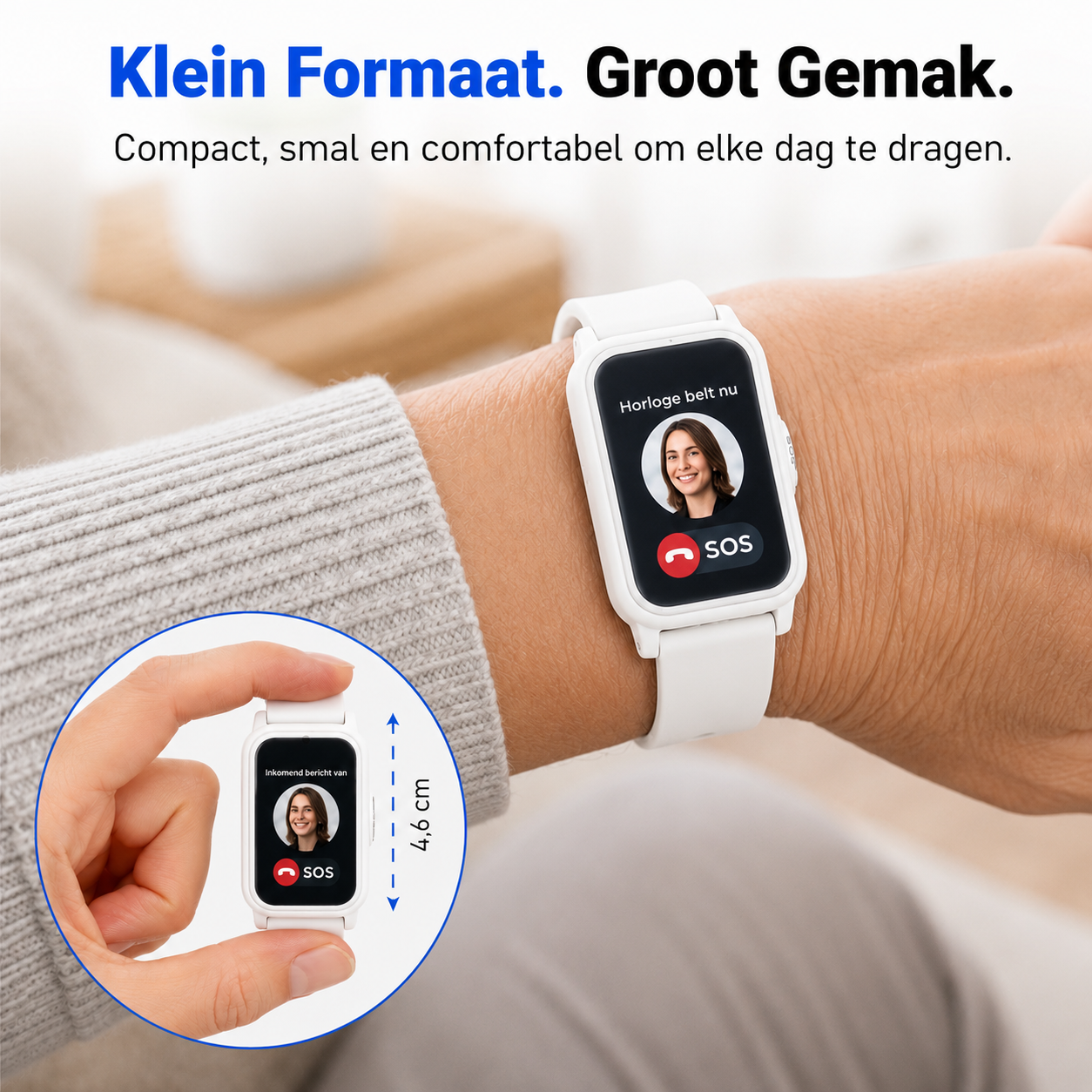 PersonalClick PC45 Smal - Alarm Horloge Ouderen - Valdetectie- Waterdicht- SOS Knop - Extra smal en lange accuduur - Wit