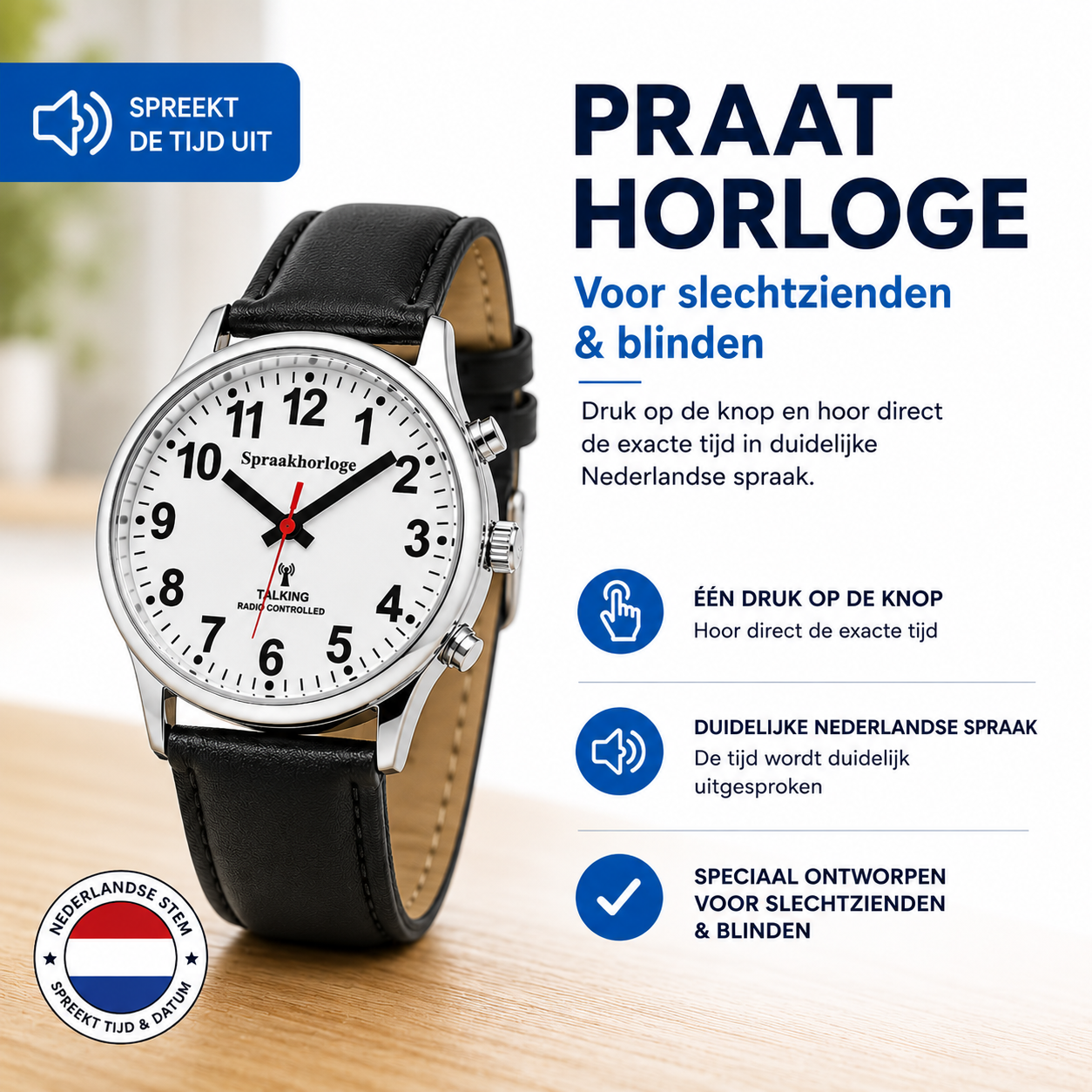 PersonalClick Sprekend Horloge Deluxe – Nederlands Sprekend Horloge voor Slechtzienden & Blinden – Spreekt Tijd en Datum – lederen Band – Zwart