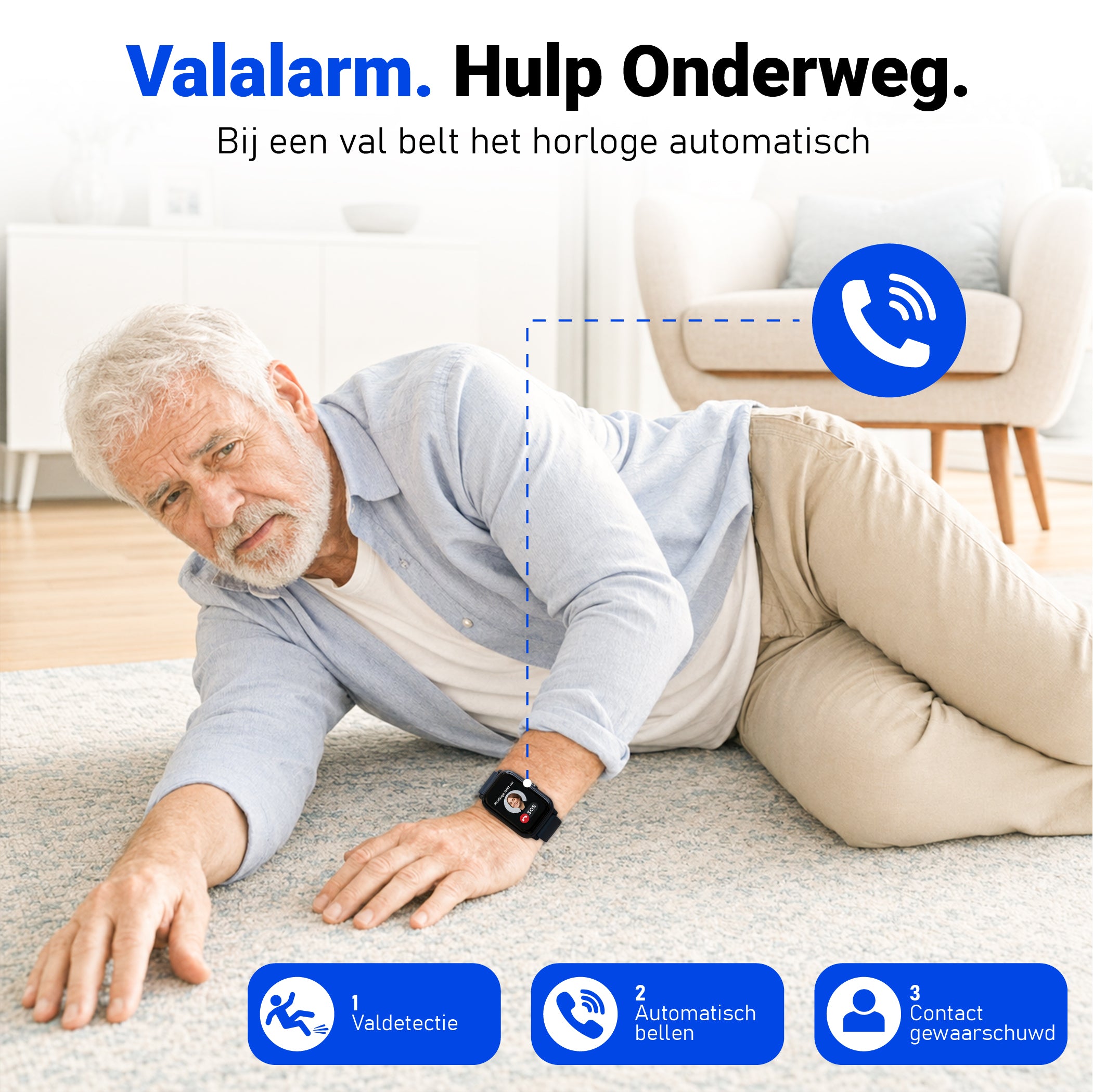 PersonalClick PC45 Smal - Alarm Horloge Ouderen - Valdetectie- Waterdicht- SOS Knop - Extra smal en lange accuduur - Zwart