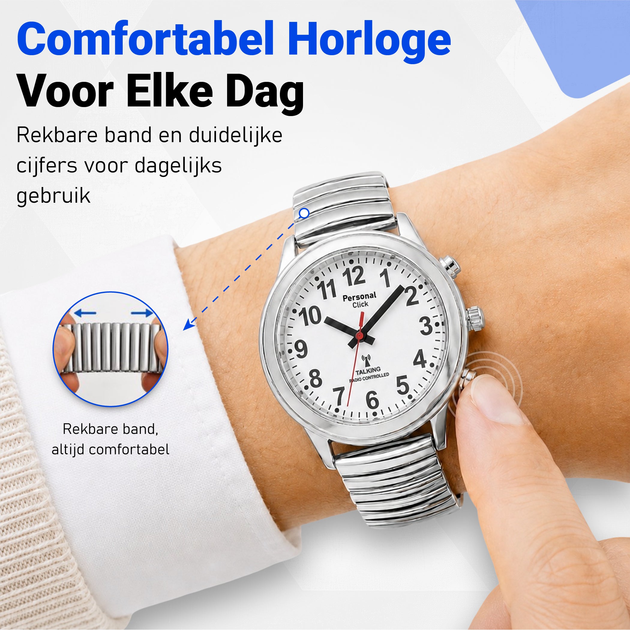 PersonalClick Sprekend Horloge Deluxe – Nederlands Sprekend Horloge voor Slechtzienden & Blinden – Spreekt Tijd en Datum – Rekbare Band – Zilver