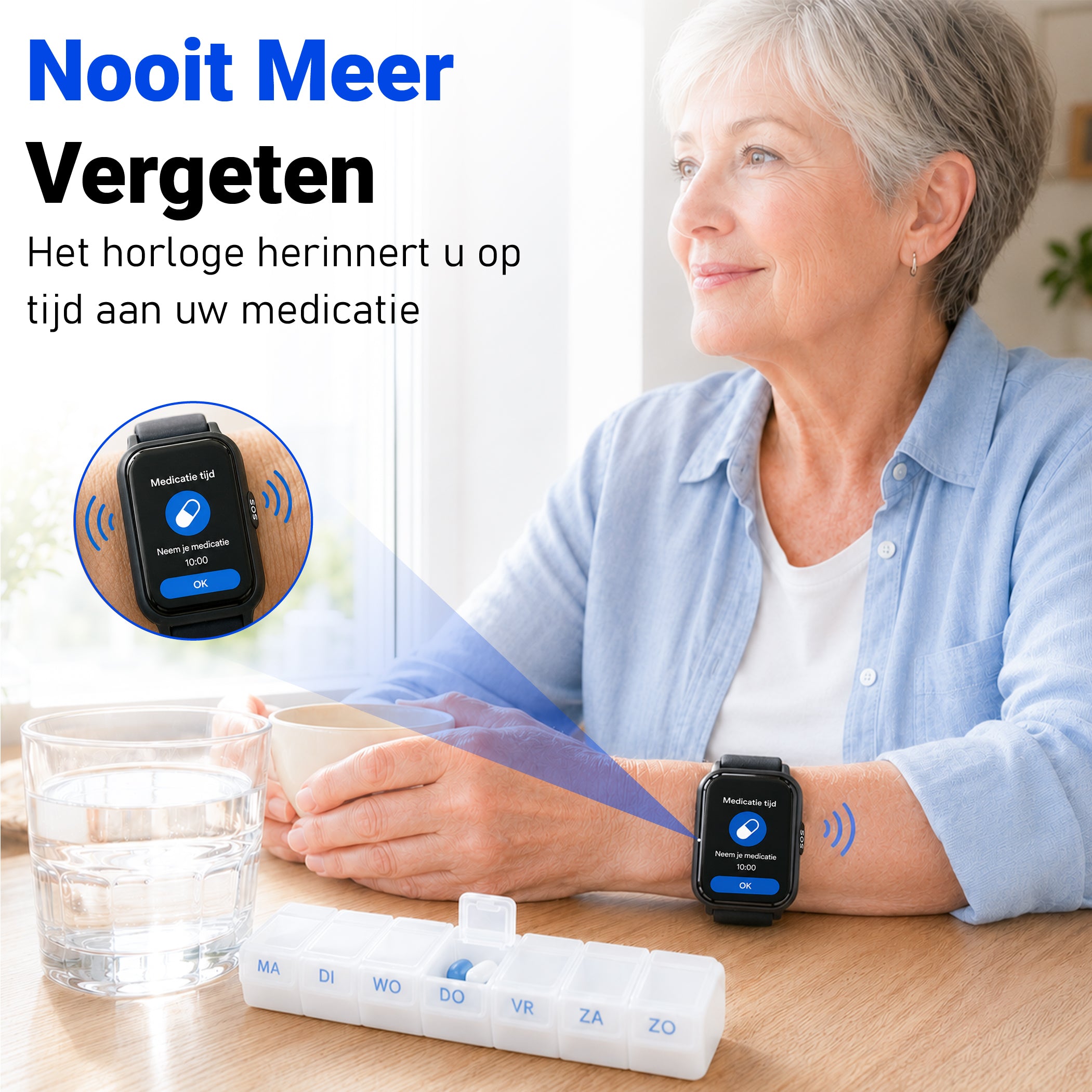 PersonalClick PC45 Smal - Alarm Horloge Ouderen - Valdetectie- Waterdicht- SOS Knop - Extra smal en lange accuduur - Zwart