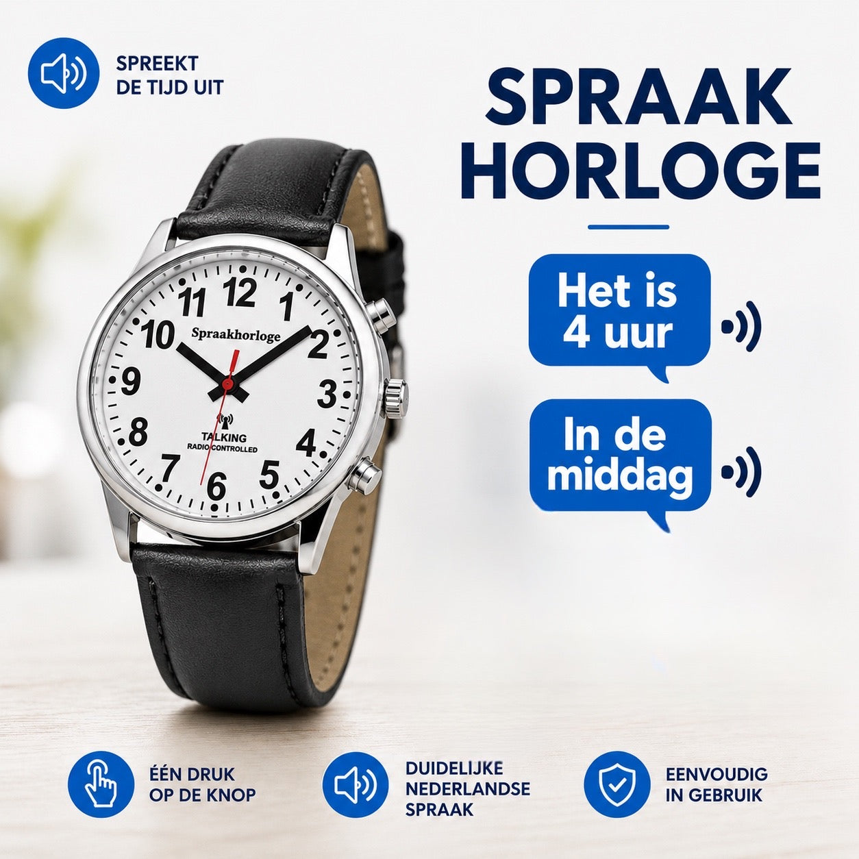 PersonalClick Sprekend Horloge Deluxe – Nederlands Sprekend Horloge voor Slechtzienden & Blinden – Spreekt Tijd en Datum – lederen Band – Zwart