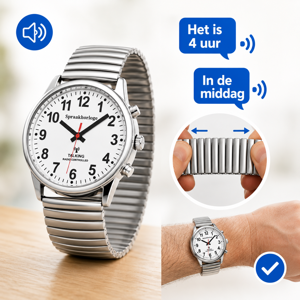 PersonalClick Sprekend Horloge Deluxe – Nederlands Sprekend Horloge voor Slechtzienden & Blinden – Spreekt Tijd en Datum – Rekbare Band – Zilver