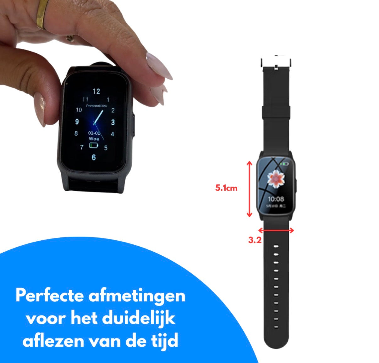 PersonalClick PC45 Smal - Alarm Horloge Ouderen - Valdetectie- Waterdicht- SOS Knop - Extra smal en lange accuduur - Rood
