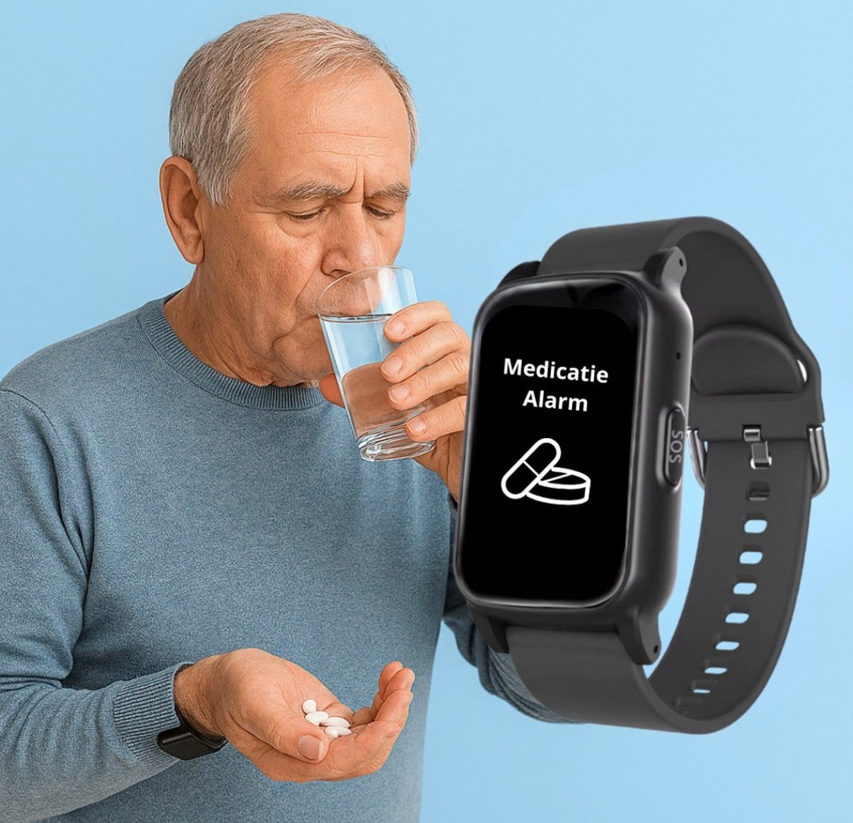 PersonalClick PC45 Smal - Alarm Horloge Ouderen - Valdetectie- Waterdicht- SOS Knop - Extra smal en lange accuduur - Rood