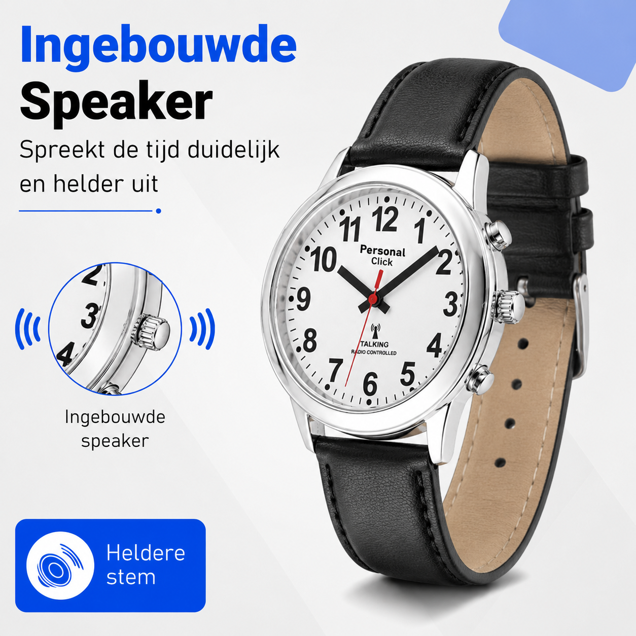 PersonalClick Sprekend Horloge Deluxe – Nederlands Sprekend Horloge voor Slechtzienden & Blinden – Spreekt Tijd en Datum – lederen Band – Zwart