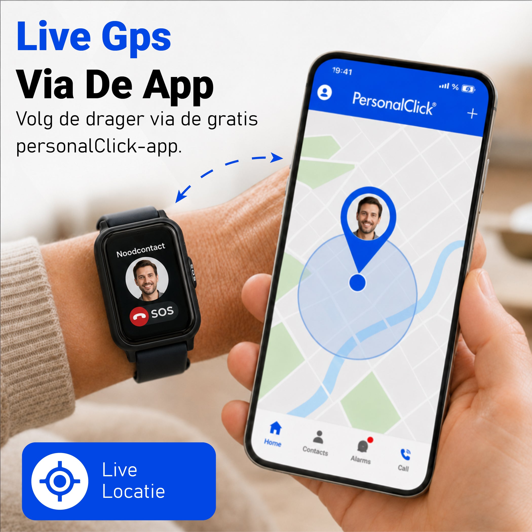 PersonalClick PC45 Smal - Alarm Horloge Ouderen - Valdetectie- Waterdicht- SOS Knop - Extra smal en lange accuduur - Zwart