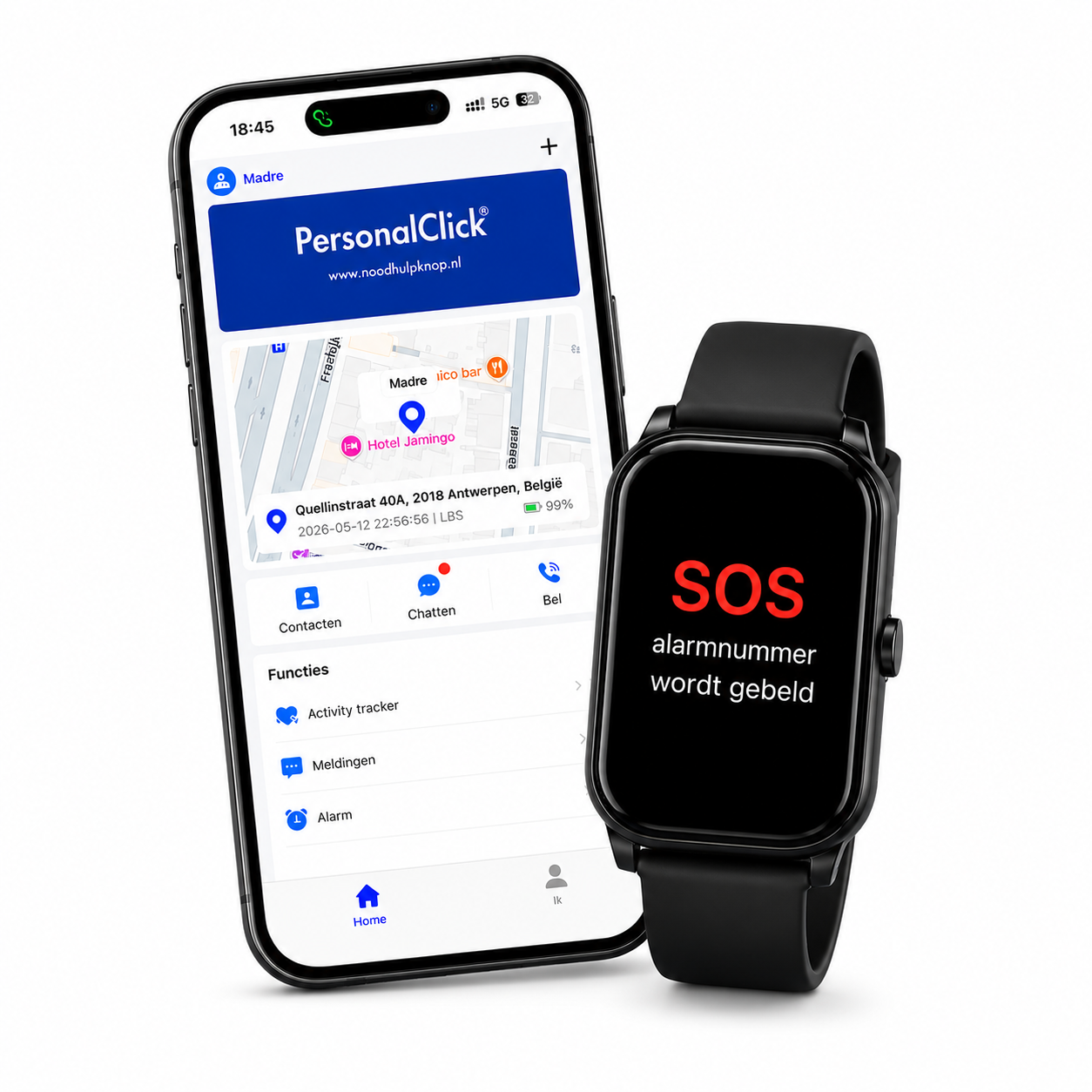 PersonalClick PC45 Smal - Alarm Horloge Ouderen - Valdetectie- Waterdicht- SOS Knop - Extra smal en lange accuduur - Zwart