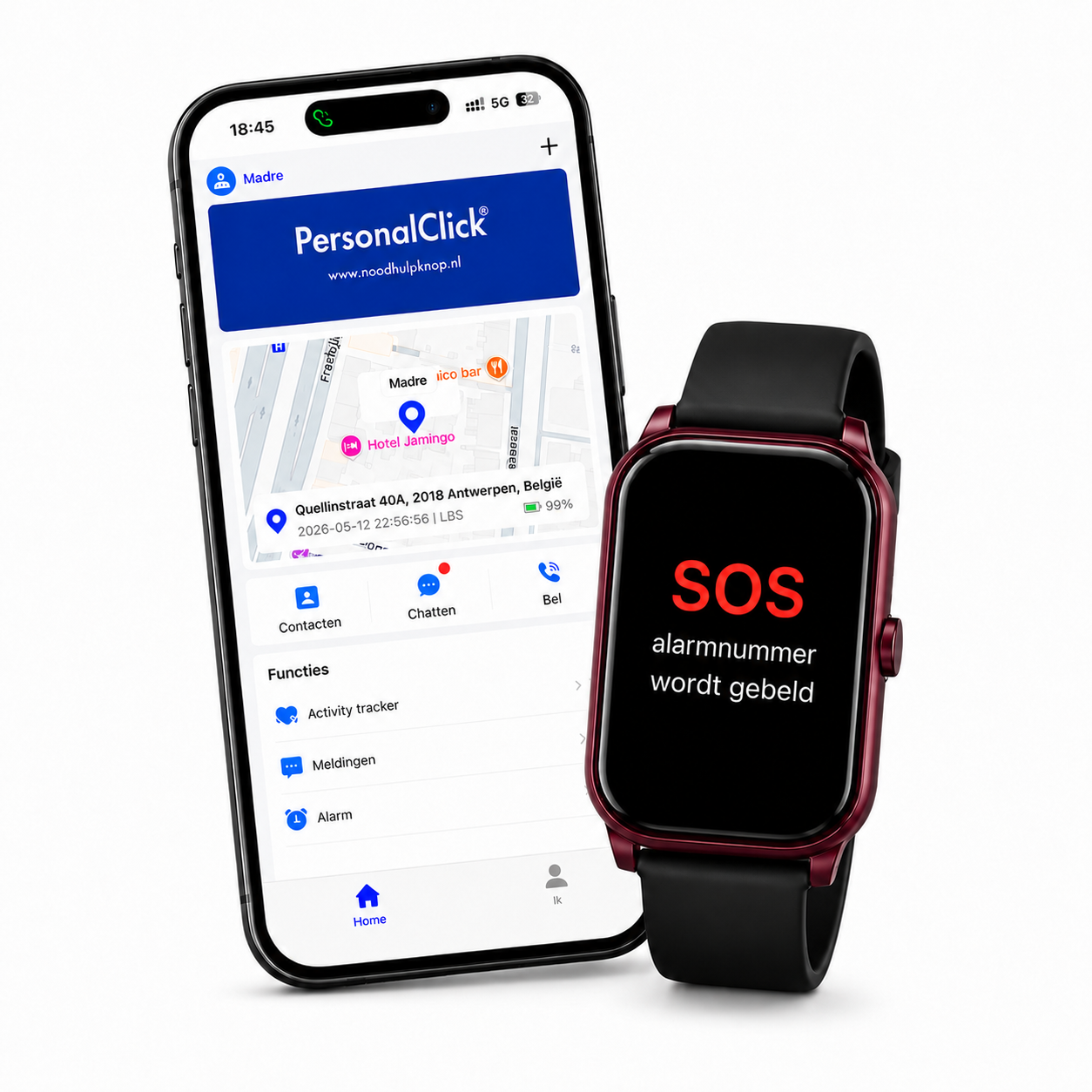 PersonalClick PC45 Smal - Alarm Horloge Ouderen - Valdetectie- Waterdicht- SOS Knop - Extra smal en lange accuduur - Rood