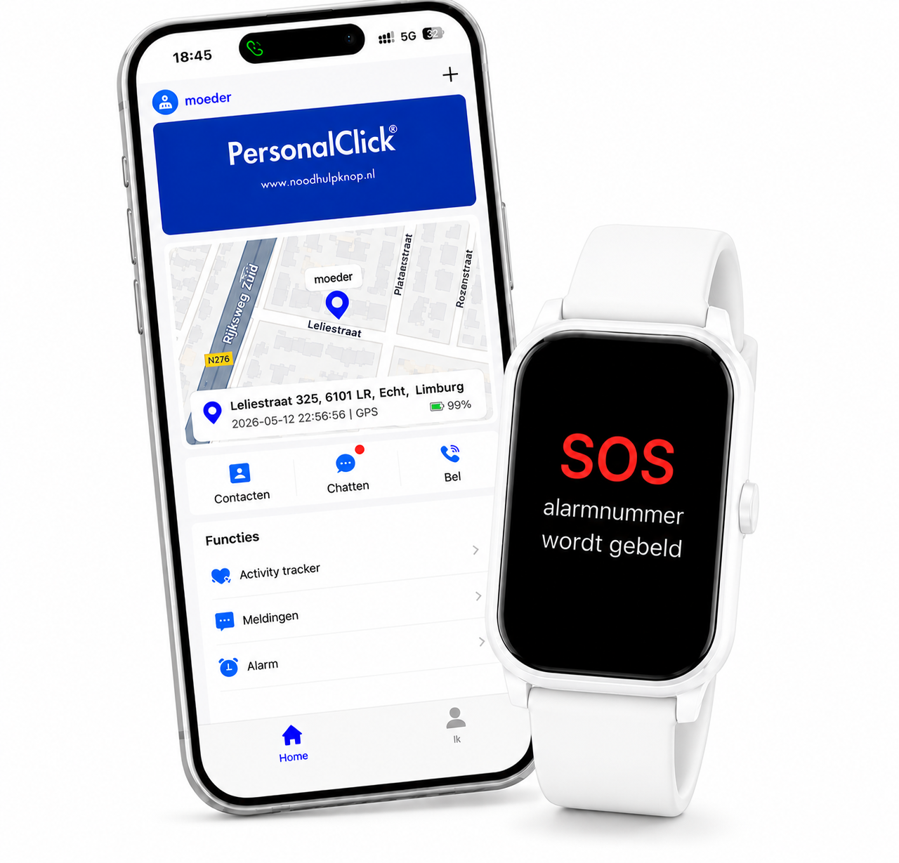 PersonalClick PC45 Smal - Alarm Horloge Ouderen - Valdetectie- Waterdicht- SOS Knop - Extra smal en lange accuduur - Wit