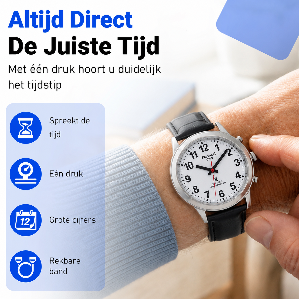 PersonalClick Sprekend Horloge Deluxe – Nederlands Sprekend Horloge voor Slechtzienden & Blinden – Spreekt Tijd en Datum – lederen Band – Zwart