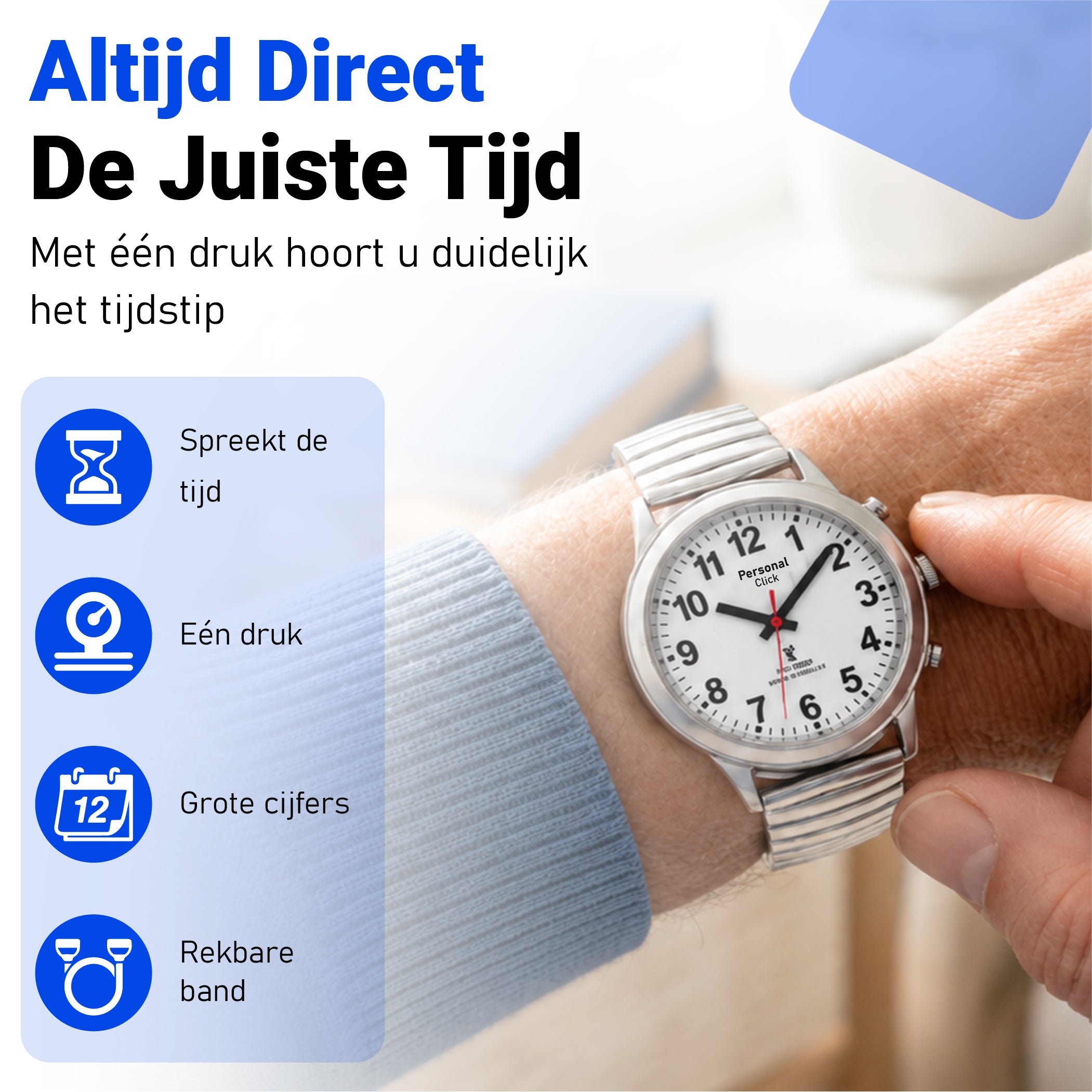 PersonalClick Sprekend Horloge Deluxe – Nederlands Sprekend Horloge voor Slechtzienden & Blinden – Spreekt Tijd en Datum – Rekbare Band – Zilver