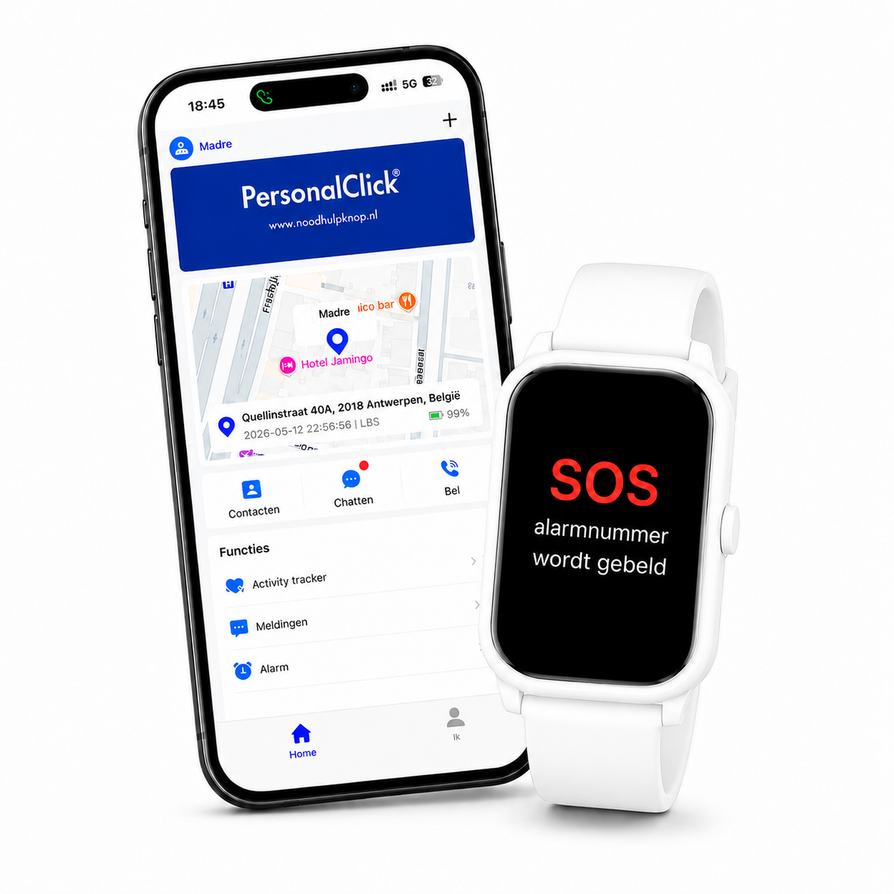 PersonalClick PC45 Smal - Alarm Horloge Ouderen - Valdetectie- Waterdicht- SOS Knop - Extra smal en lange accuduur - Wit