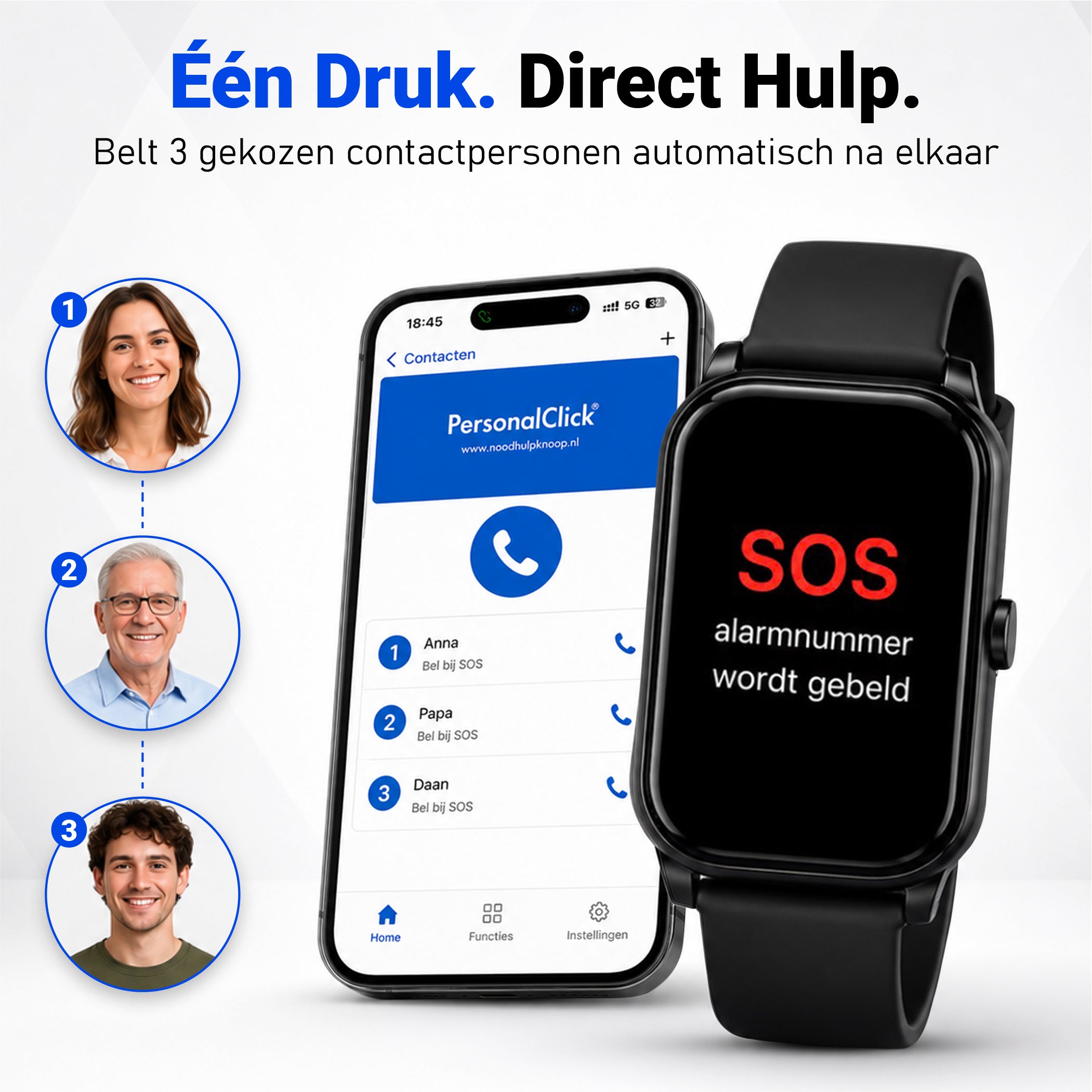 PersonalClick PC45 Smal - Alarm Horloge Ouderen - Valdetectie- Waterdicht- SOS Knop - Extra smal en lange accuduur - Zwart