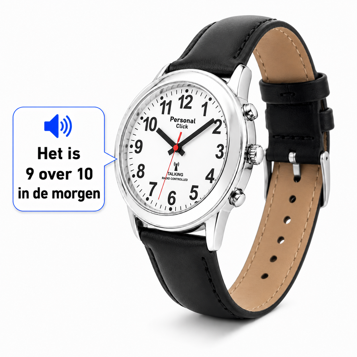 PersonalClick Sprekend Horloge Deluxe – Nederlands Sprekend Horloge voor Slechtzienden & Blinden – Spreekt Tijd en Datum – lederen Band – Zwart