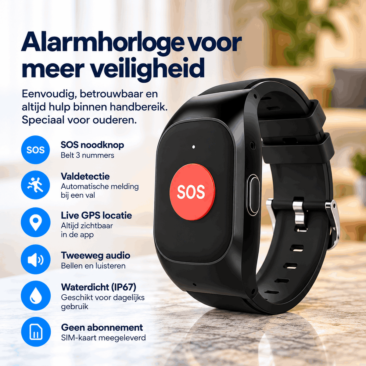 PersonalClick PC20 Alarmhorloge voor Ouderen – Slimme SOS, GPS en Valdetectie – Zonder Abonnement