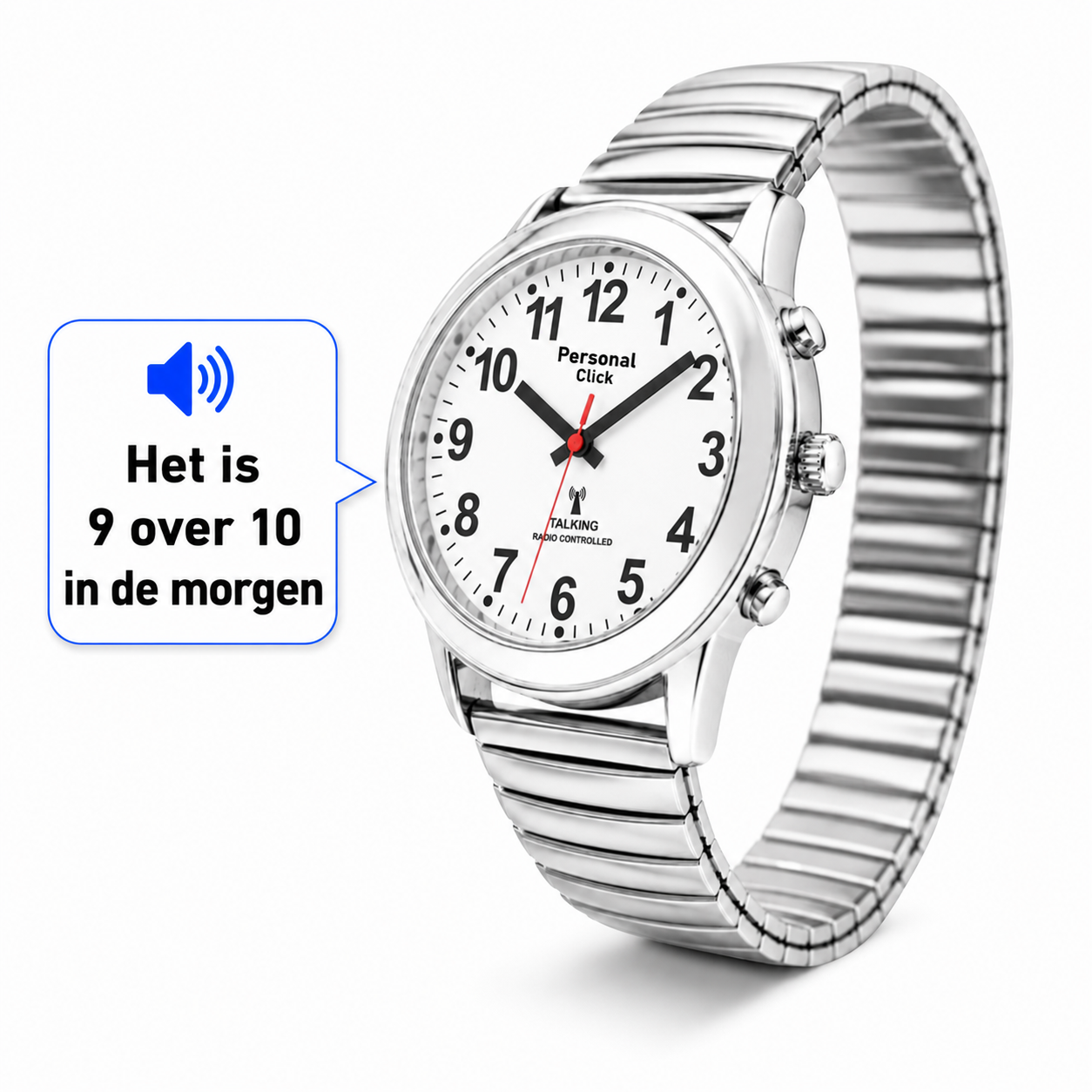 PersonalClick Sprekend Horloge Deluxe – Nederlands Sprekend Horloge voor Slechtzienden & Blinden – Spreekt Tijd en Datum – Rekbare Band – Zilver