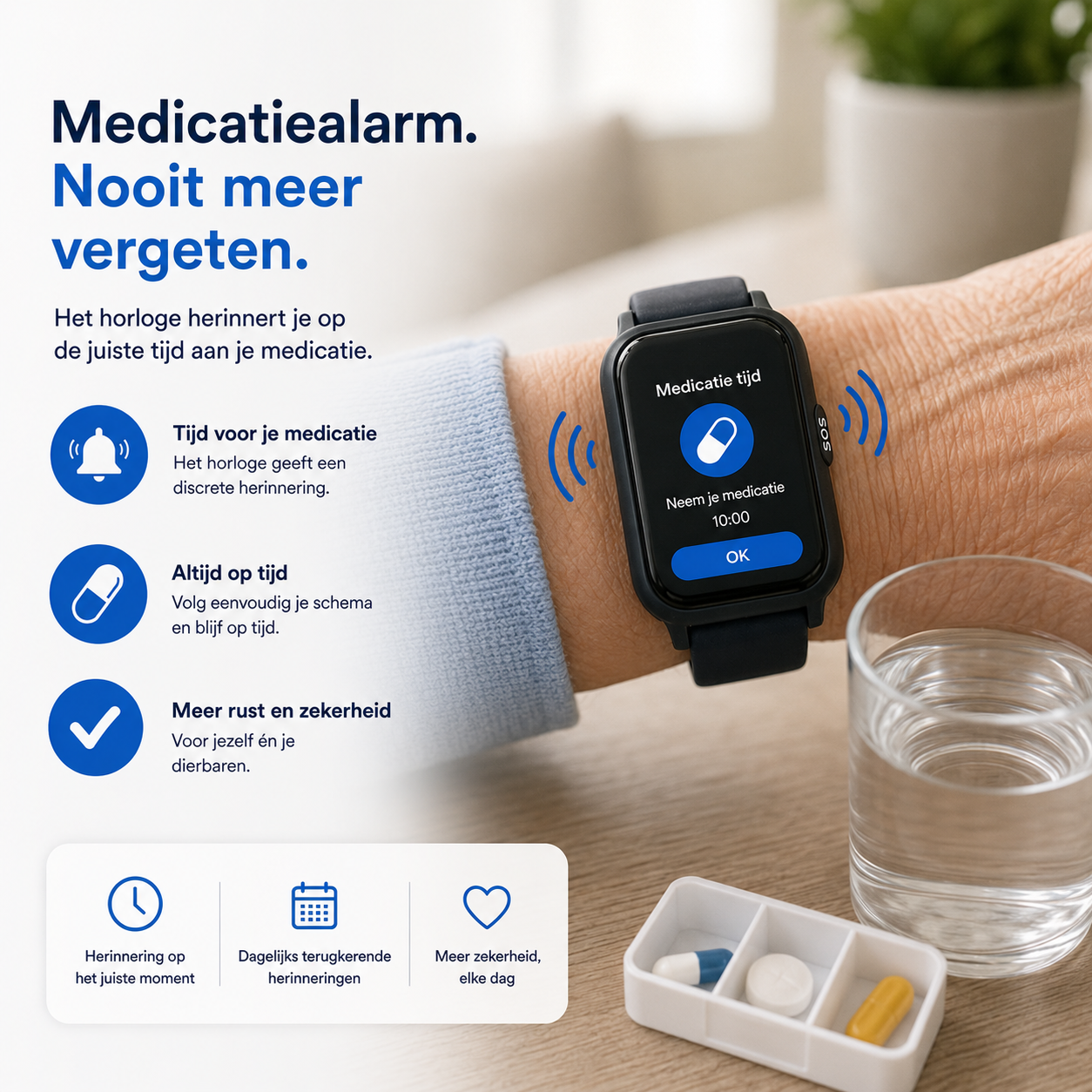 PersonalClick PC45 Smal - Alarm Horloge Ouderen - Valdetectie- Waterdicht- SOS Knop - Extra smal en lange accuduur - Wit
