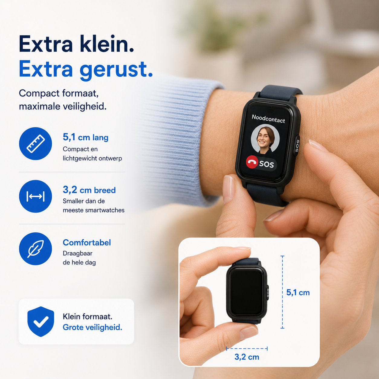 PersonalClick PC45 Smal - Alarm Horloge Ouderen - Valdetectie- Waterdicht- SOS Knop - Extra smal en lange accuduur - Wit