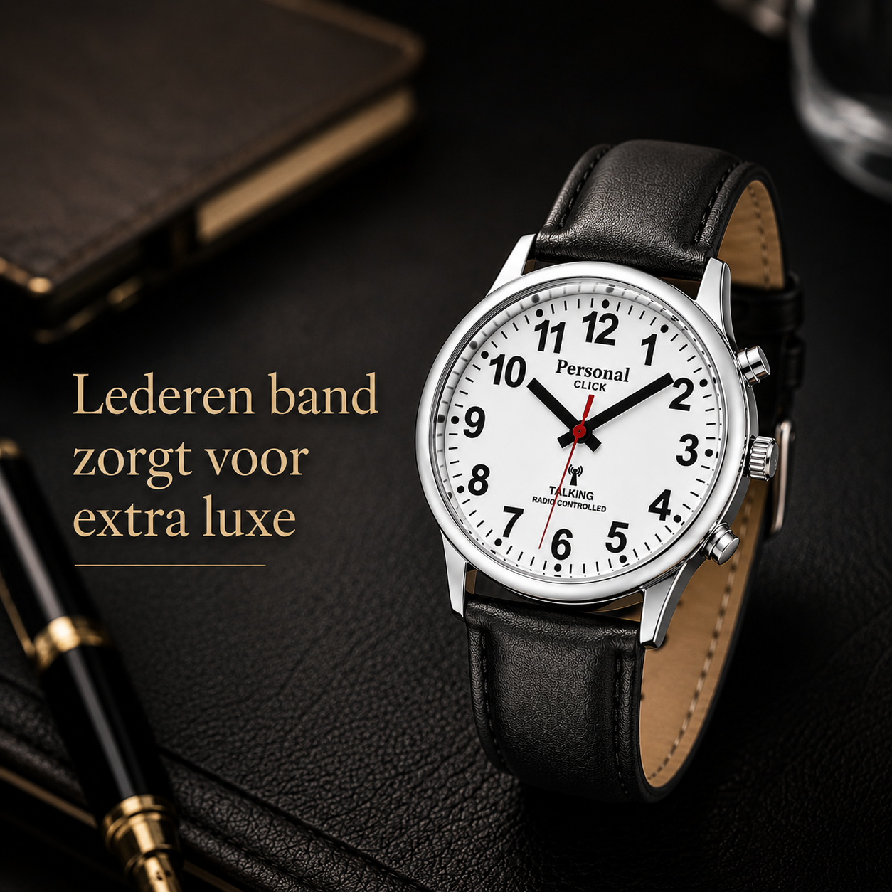 PersonalClick Sprekend Horloge Deluxe – Nederlands Sprekend Horloge voor Slechtzienden & Blinden – Spreekt Tijd en Datum – lederen Band – Zwart