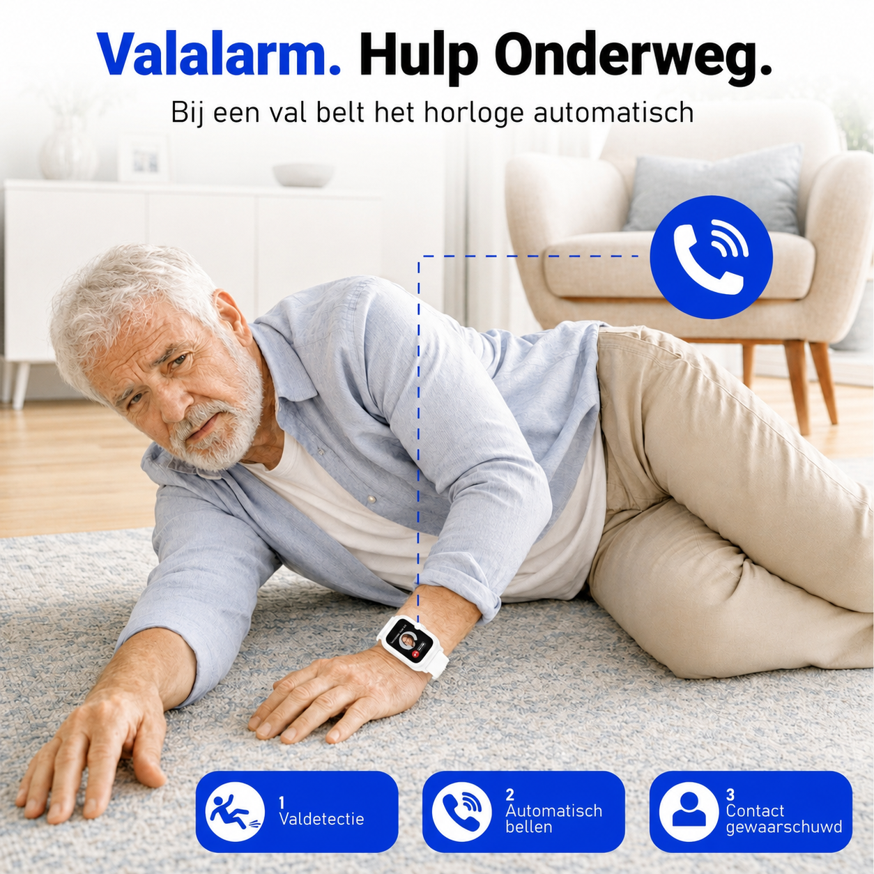 PersonalClick PC45 Smal - Alarm Horloge Ouderen - Valdetectie- Waterdicht- SOS Knop - Extra smal en lange accuduur - Wit
