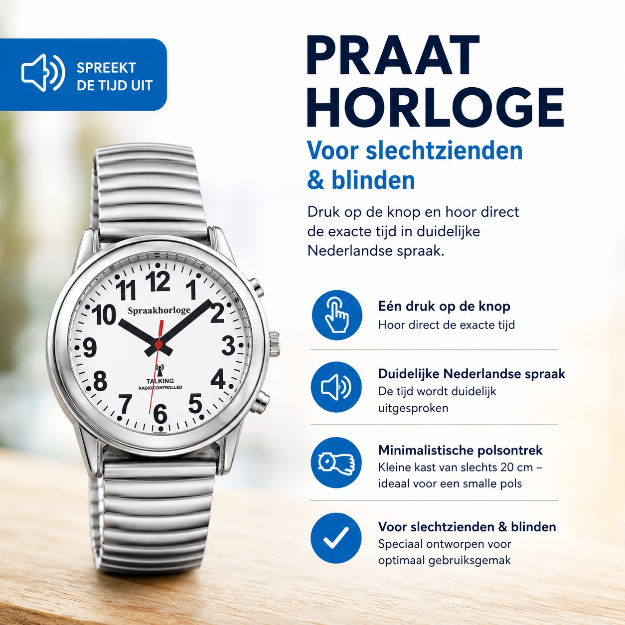 PersonalClick Sprekend Horloge Deluxe – Nederlands Sprekend Horloge voor Slechtzienden & Blinden – Spreekt Tijd en Datum – Rekbare Band – Zilver