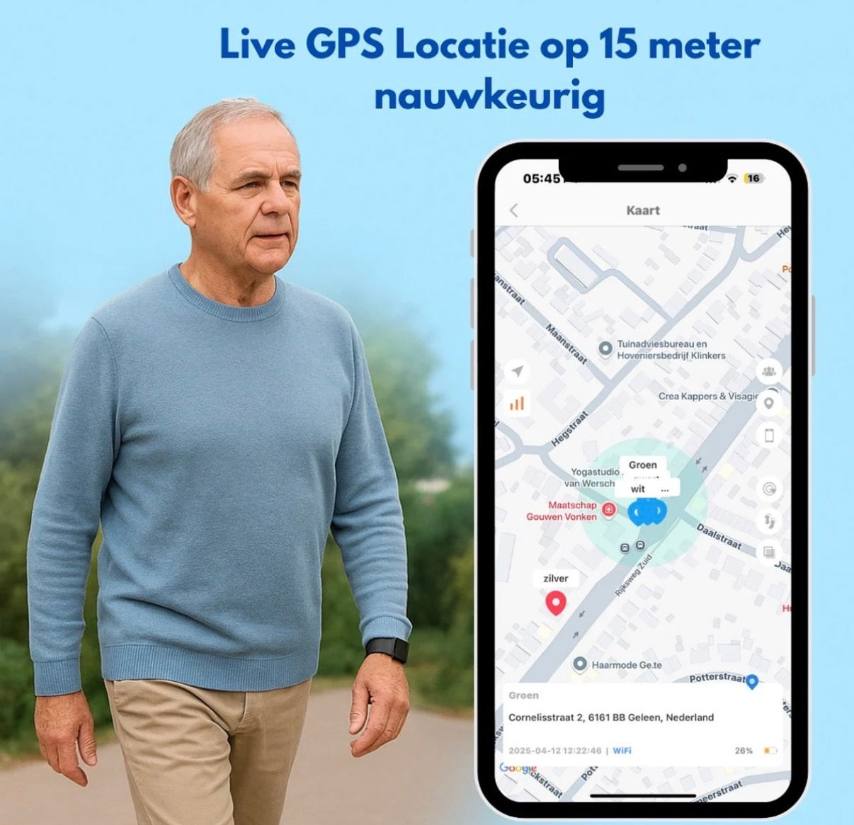 PersonalClick PC45 Smal - Alarm Horloge Ouderen - Valdetectie- Waterdicht- SOS Knop - Extra smal en lange accuduur - Zwart