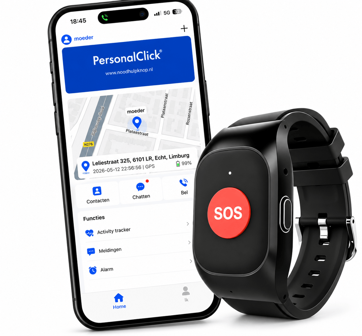 PersonalClick PC20 Alarmhorloge voor Ouderen – Slimme SOS, GPS en Valdetectie – Zonder Abonnement